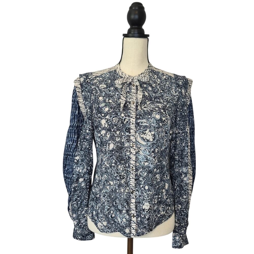 Ulla Johnson Nara Blouse Indigo Blue Shibori Marble Print Patchwork Tie Neck Sz6